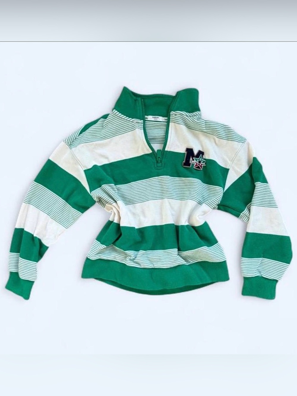 Green & White Striped Half-Zip Pullover with 'M' Patch